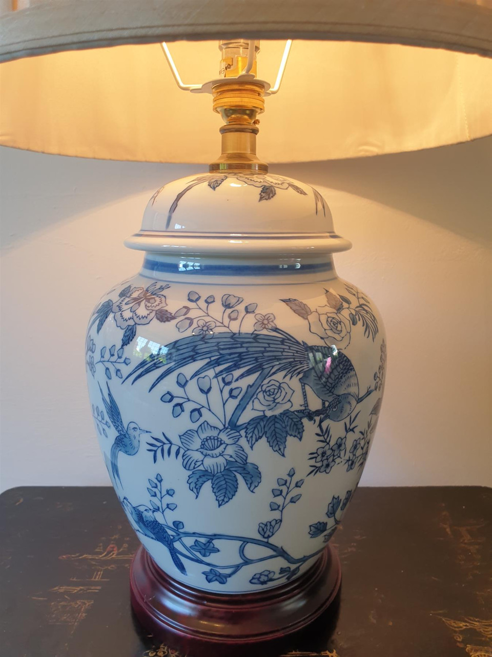 Pair of Chinese General Jar Table Lamps with Shades - Blue Tropical Birds - 55cm