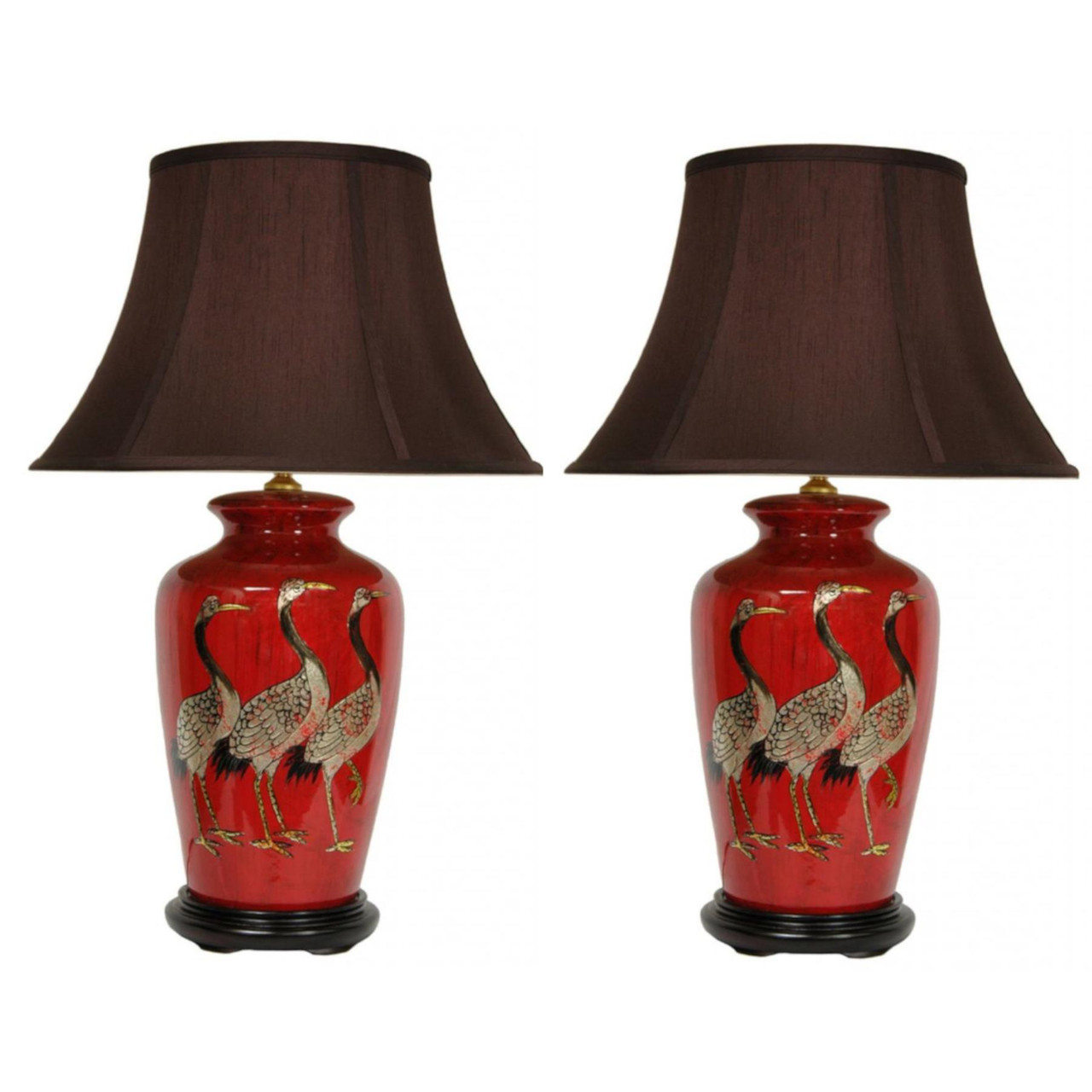 Pair of Chinese Table Lamps with Dark Shades - Red + Golden Cranes Pattern