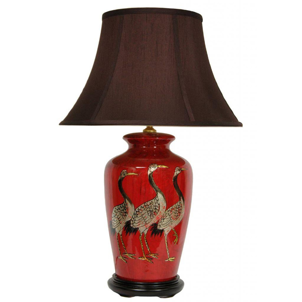 Pair of Chinese Table Lamps with Dark Shades - Red + Golden Cranes Pattern