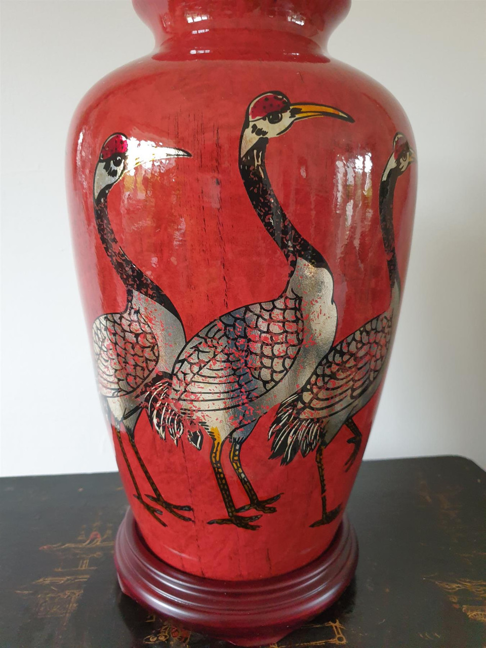 Pair of Chinese Table Lamps with Dark Shades - Red + Golden Cranes Pattern