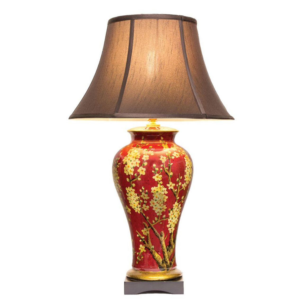 Pair of Chinese Jar Table Lamps with Dark Shades - Red Jasmine Blossom