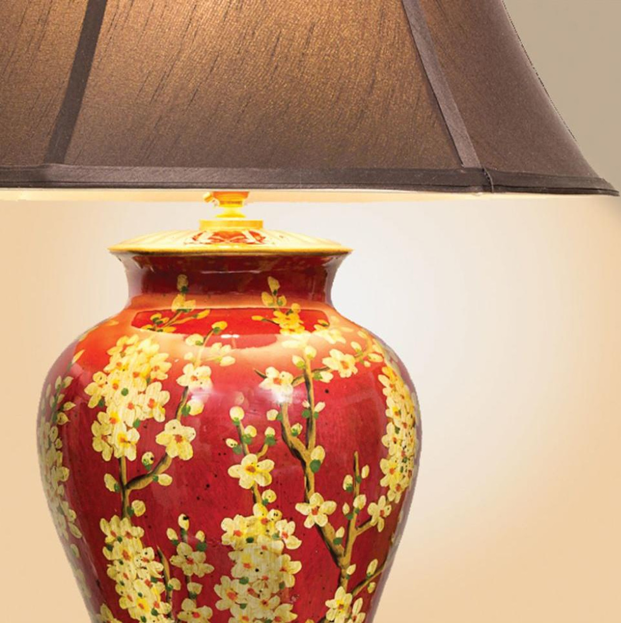 Pair of Chinese Jar Table Lamps with Dark Shades - Red Jasmine Blossom