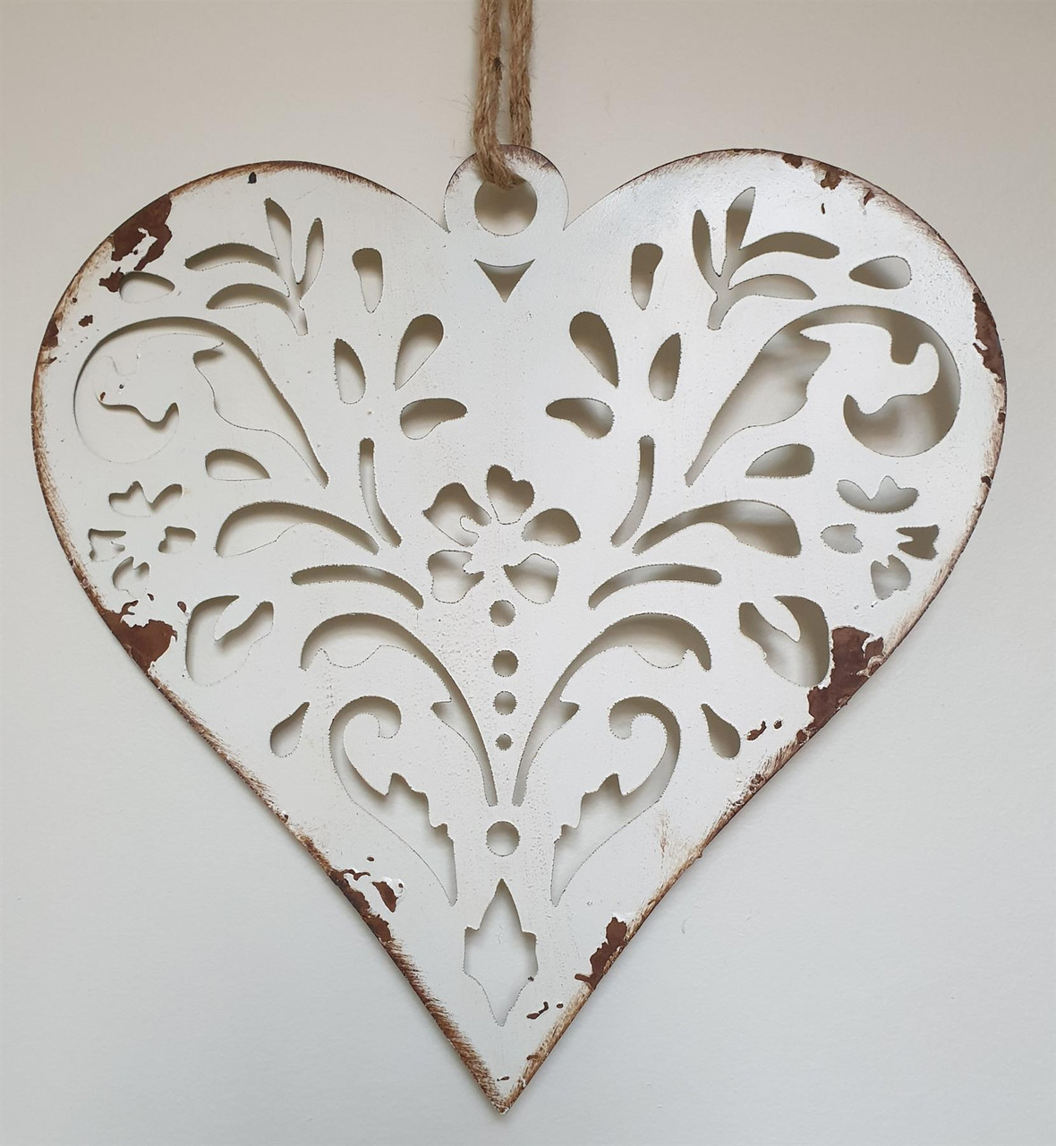 White Metal Hanging Heart - Christmas Decoration - Distressed Finished - 31cm