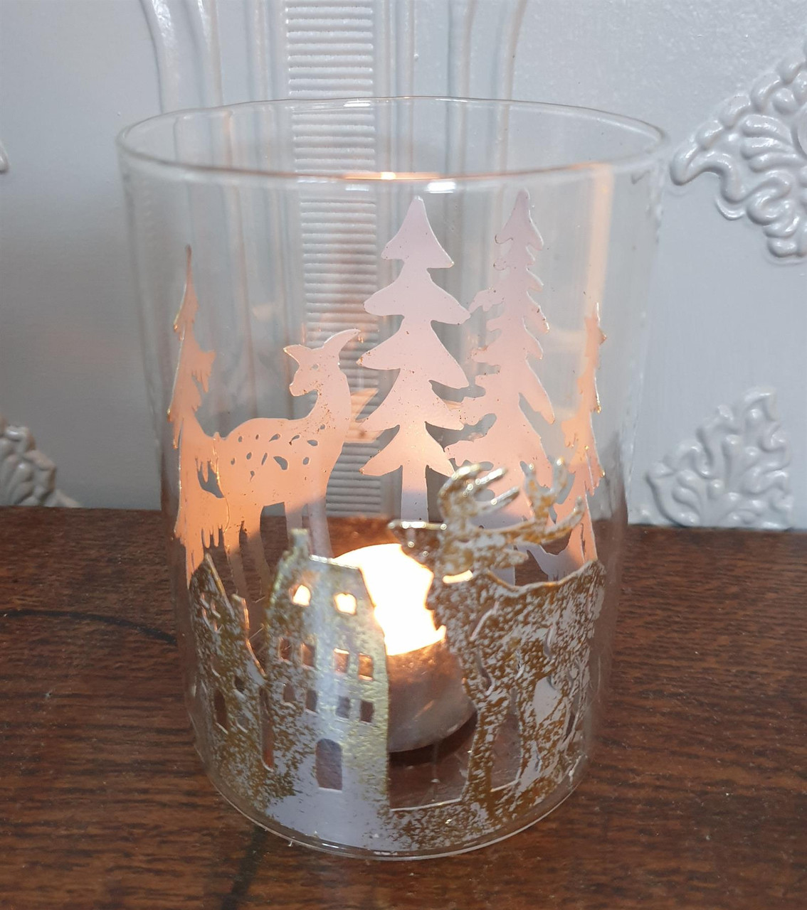 Glass Candle Holder with Forest Design and Reindeer Pattern - 12cm x 9cm