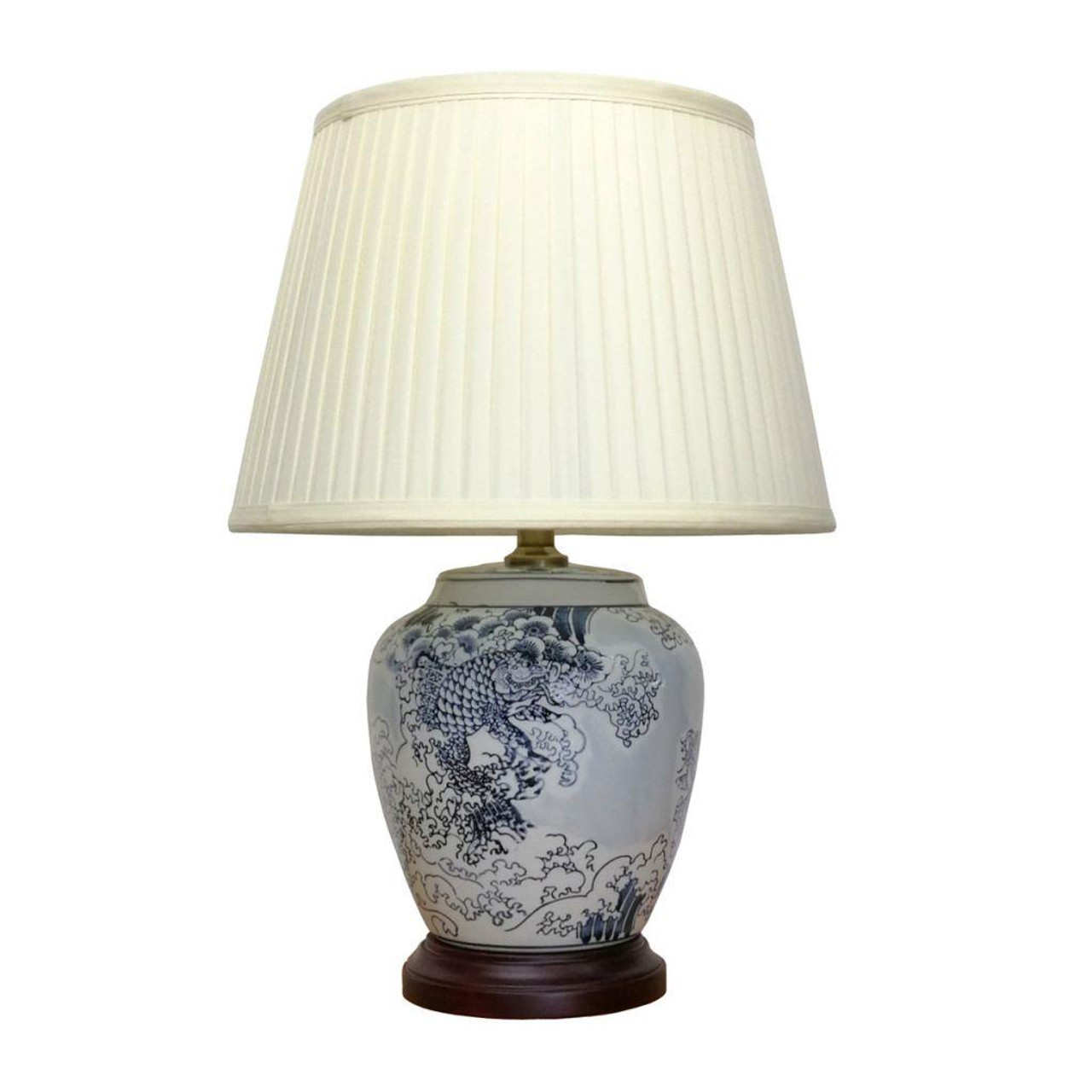 Chinese Table Lamp with Shade - Blue Waves and Fish Pattern - 51cm