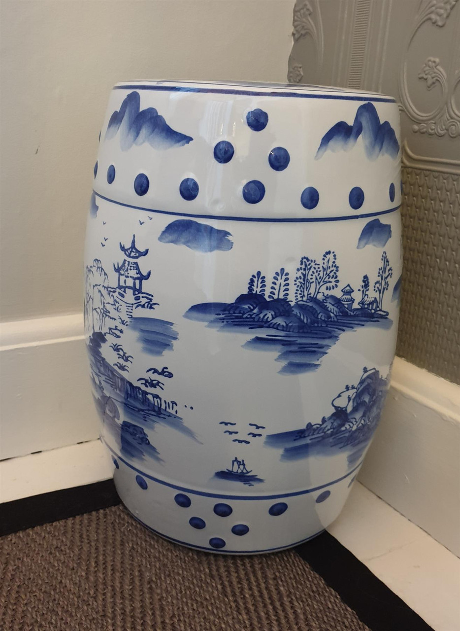 Chinese Ceramic Stool / Plant Stand - Blue and White Willow Pattern