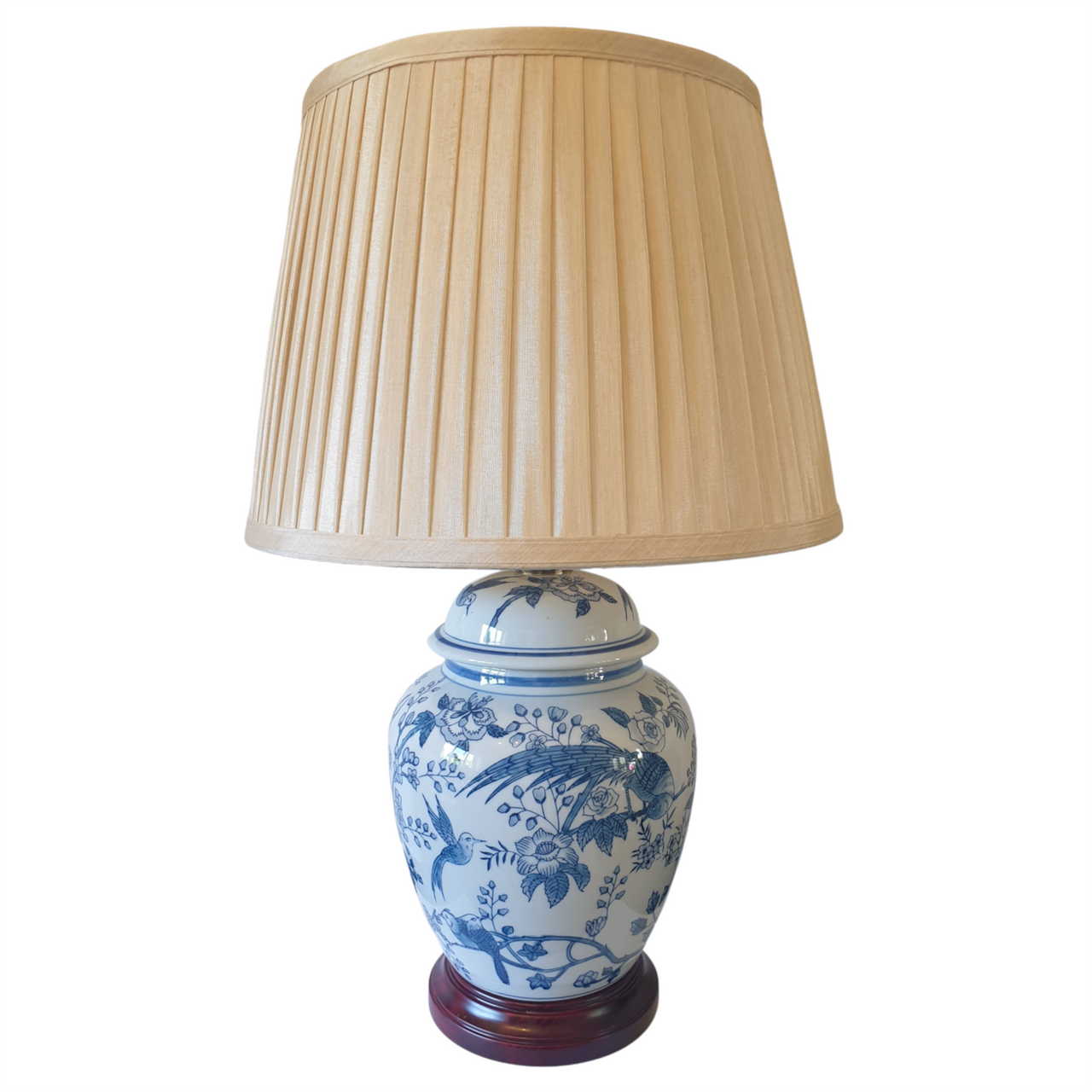 Chinese General Jar Table Lamp with Shade - Blue Tropical Birds - 55cm