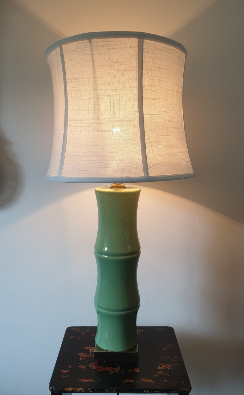 Pair of Chinese Table Lamps with Shades - Green Bamboo Design - 71cm (DS)