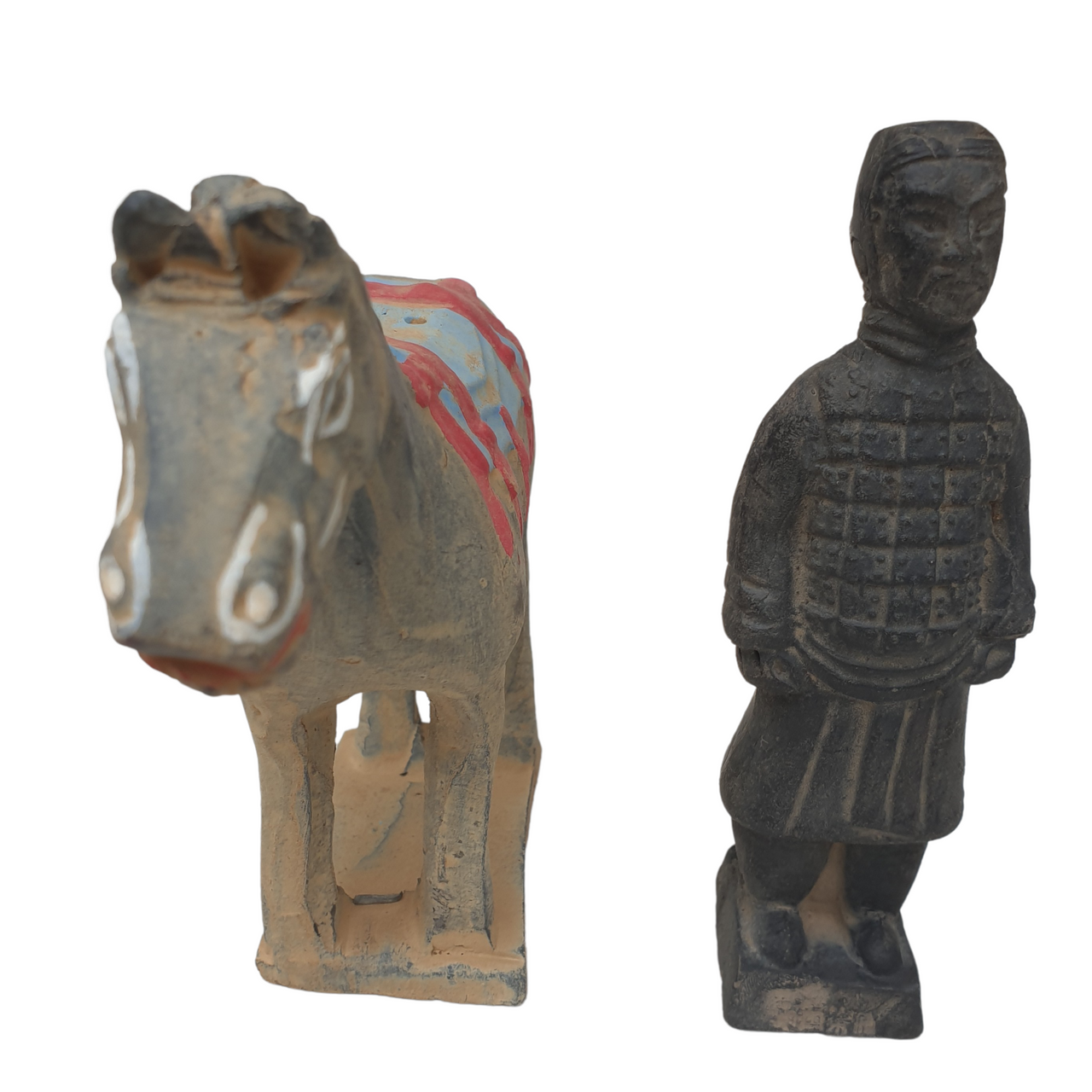 Terracotta Warrior and Horse - Set of 2 Figures - 12cm - Brocade Gift Box