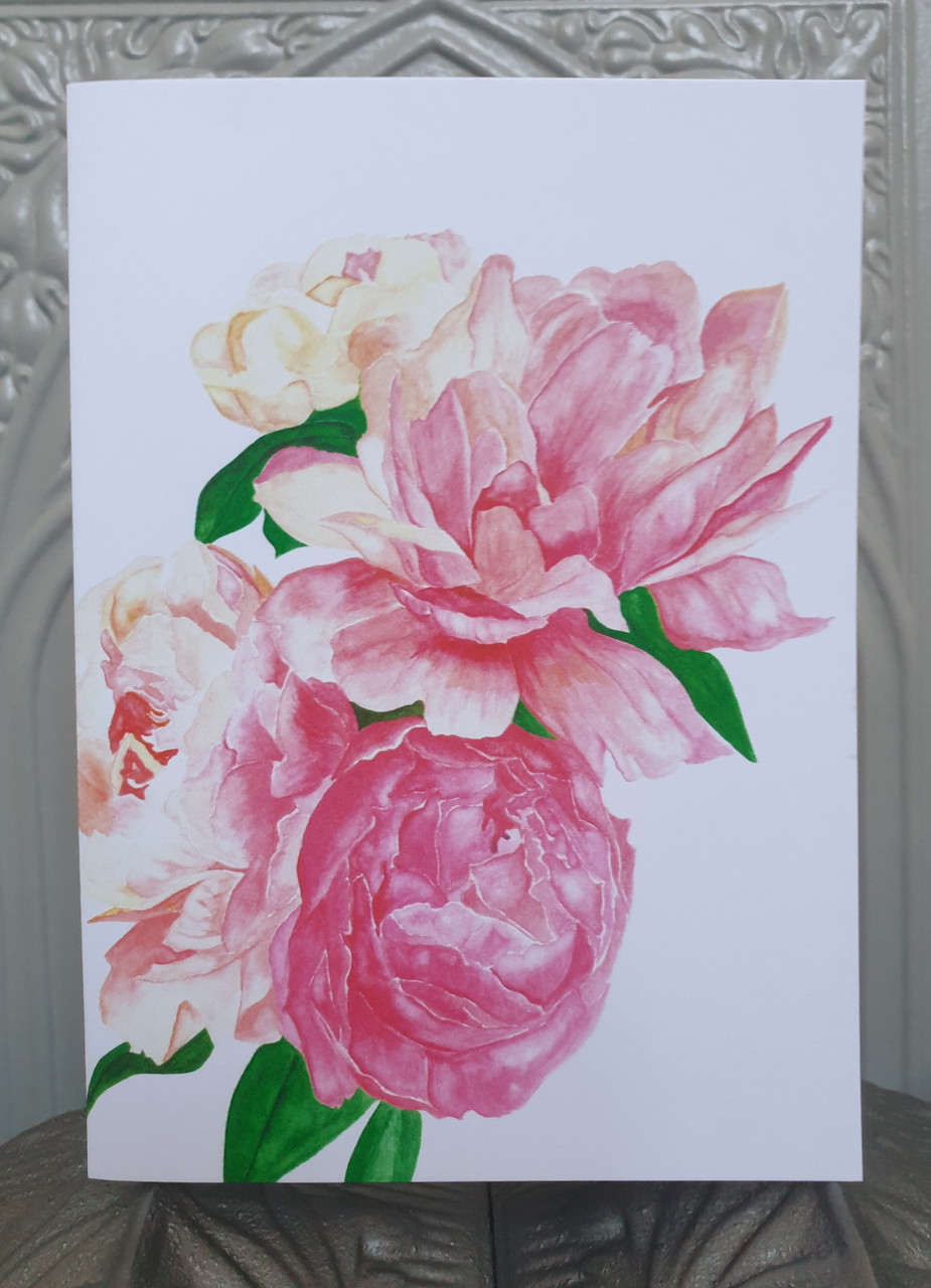 Pink Peonies Card from an Original Watercolour by Sarah Cameron - Blank Inside