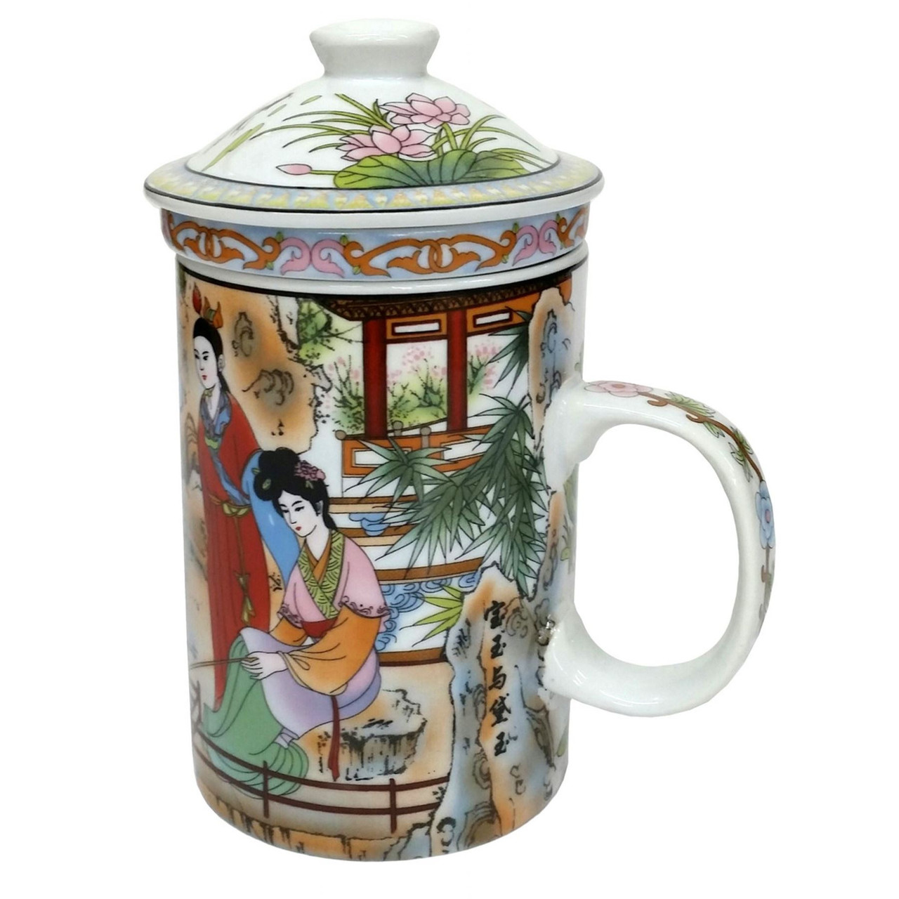 Porcelain Chinese Tea Mug with Infuser and Lid - Bao Yu Pattern.