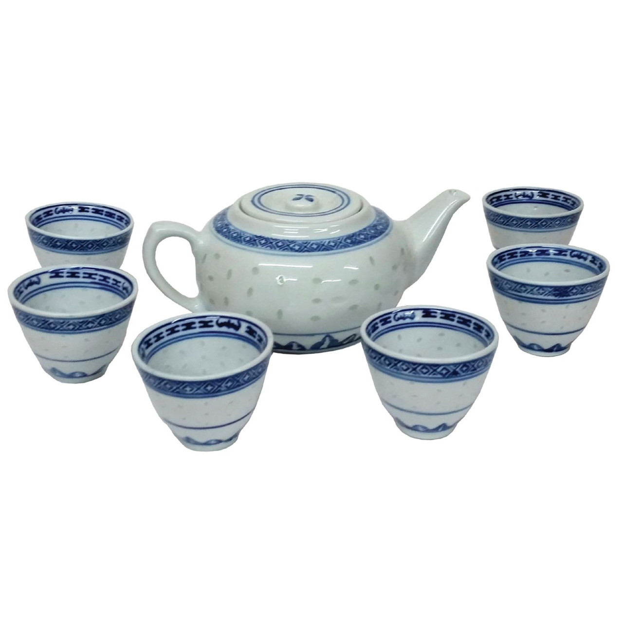 Chinese Tea Set - Blue and White Rice Pattern - 6 Cups - 650ml.