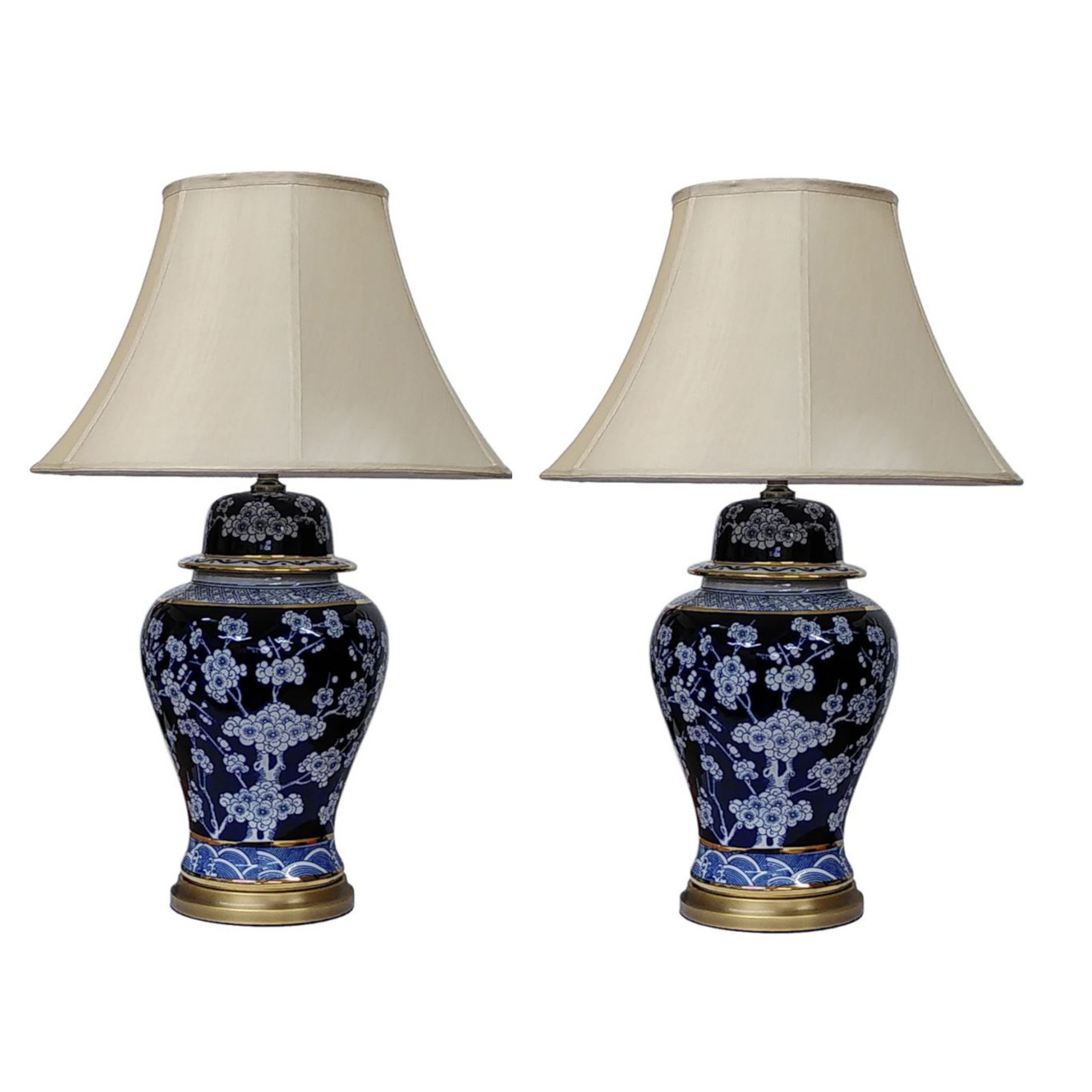 Pair of Chinese Jar Table Lamps with Shades - Blue and White Blossom Pattern - 75cm