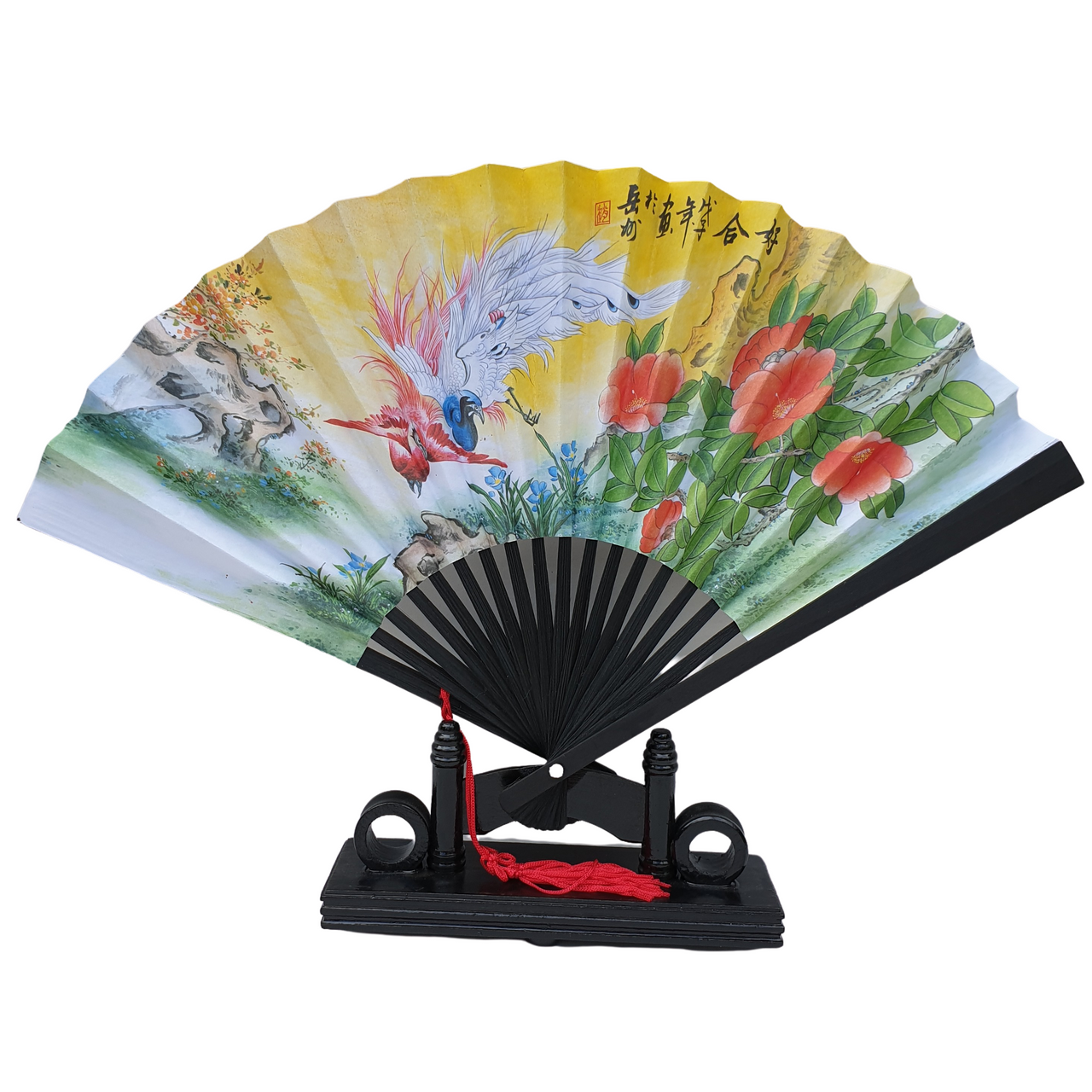 Chinese Fan - Paper and Bamboo - Painted Phoenix Picture - 23cm