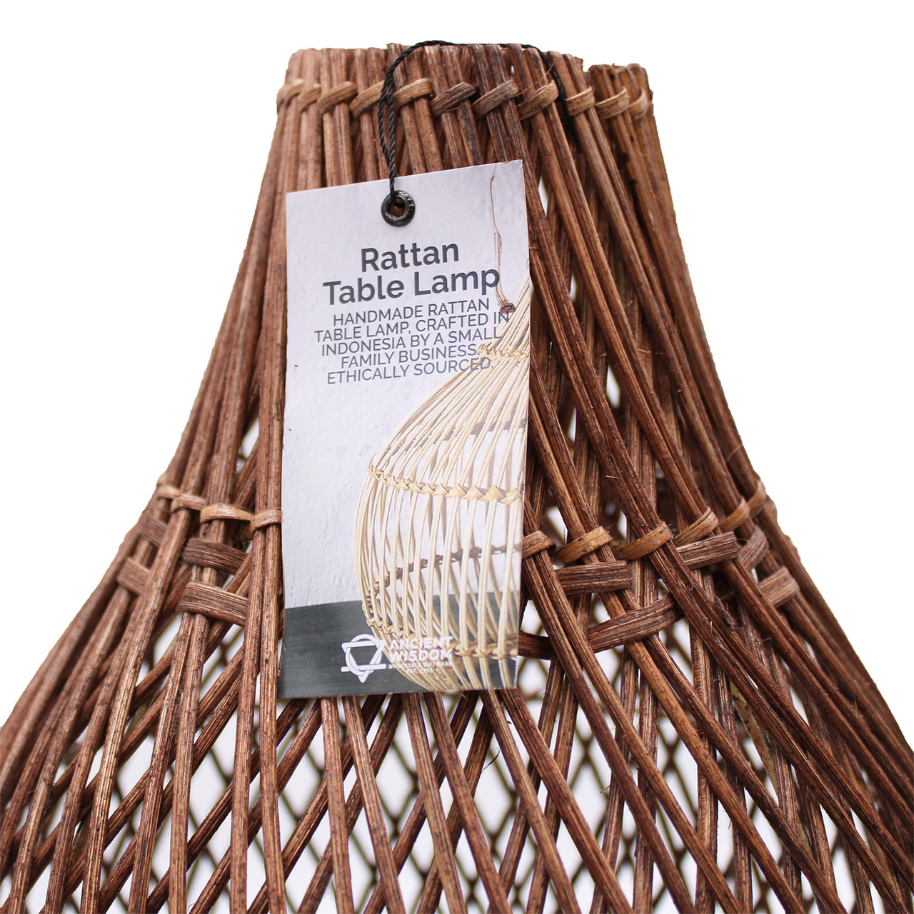 Rattan Table Lamp - Dark Brown Colour - Switched Cable and Bulb - 39cm Tall