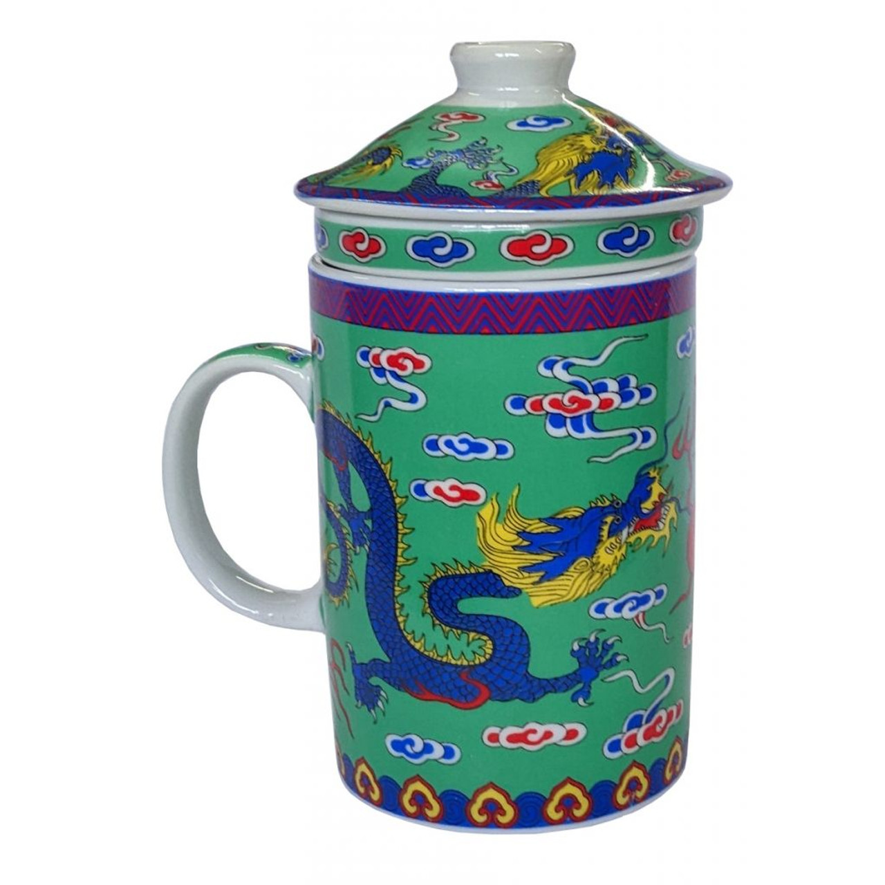 Porcelain Chinese Tea Mug with Infuser and Lid - Green Dragon Pattern