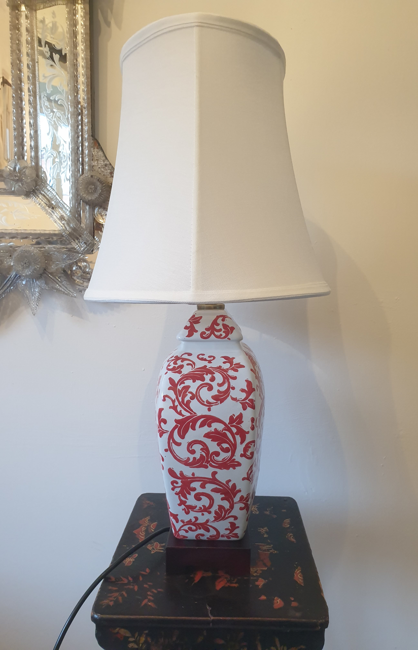 Pair of Chinese Table Lamps with Shades - Red Phoenix Feather Pattern (DS)