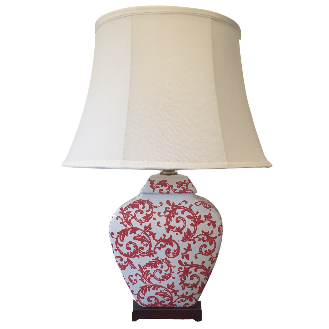 Pair of Chinese Table Lamps with Shades - Red Phoenix Feather Pattern (DS)