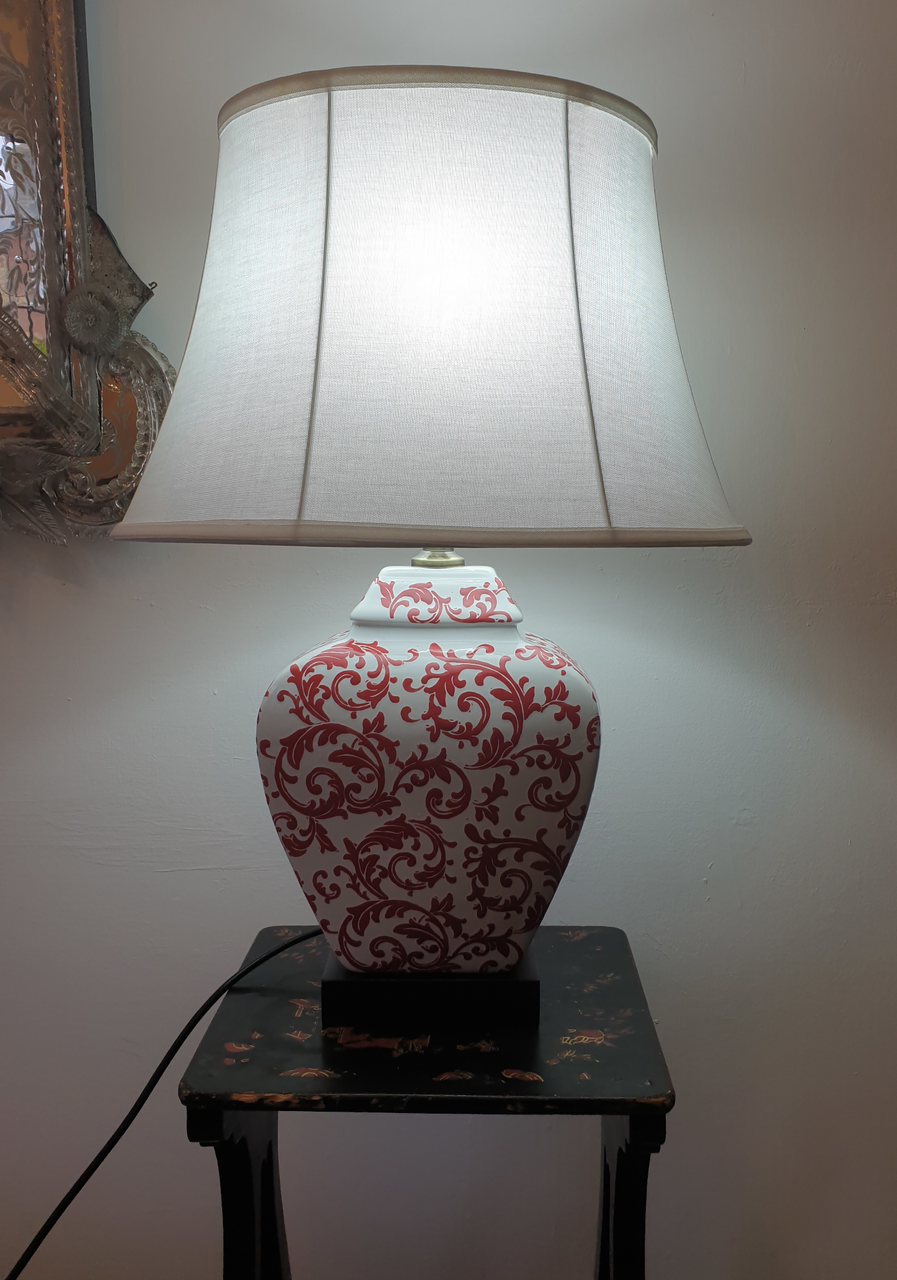 Pair of Chinese Table Lamps with Shades - Red Phoenix Feather Pattern (DS)