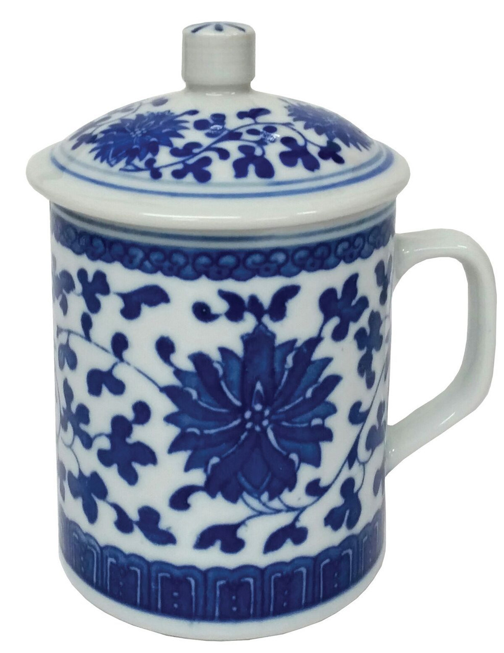 Chinese Porcelain Mug with Lid - Blue and White - Floral Pattern - SECOND