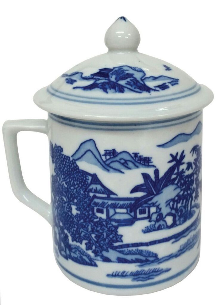 Chinese Porcelain Mug with Lid - Blue and White - Landscape Pattern - SECOND