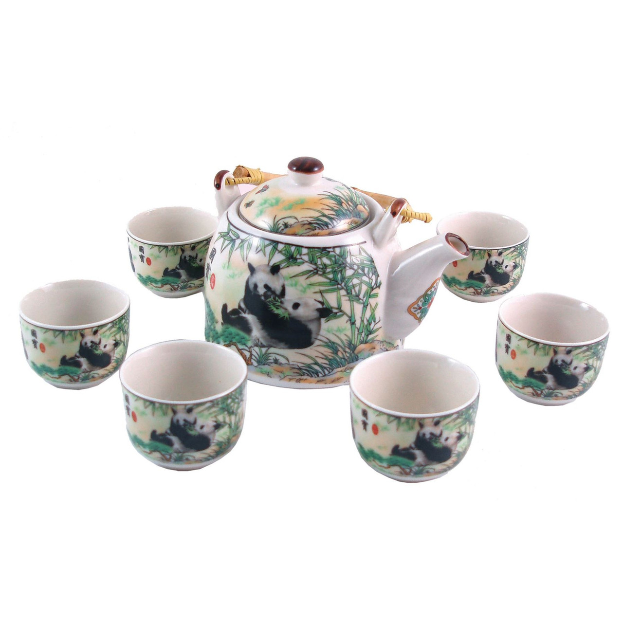 Chinese Tea Set - White Ceramic Giant Panda Pattern - 6 Small Cups - Gift Box