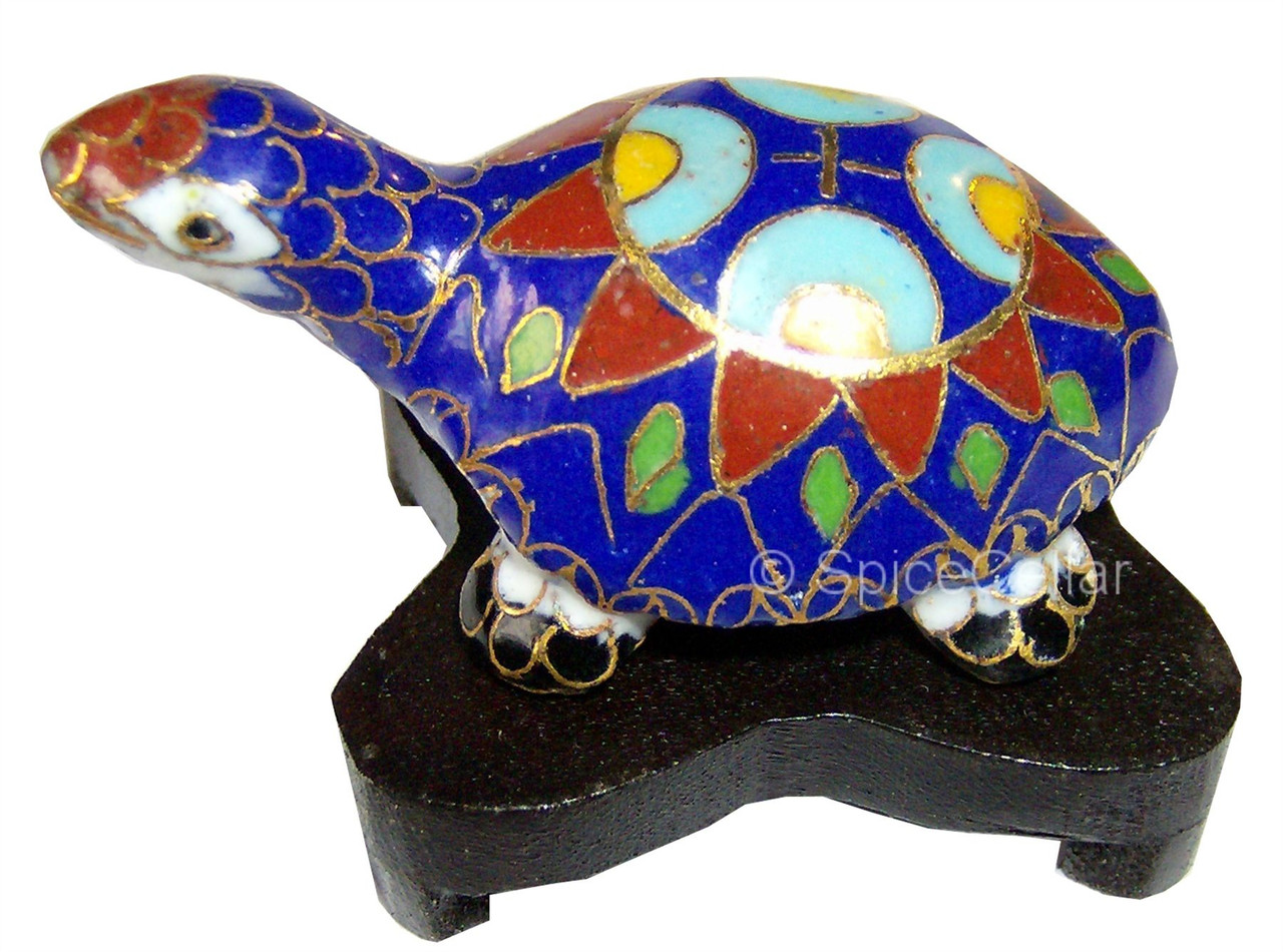 Cloisonne Turtle - Intricate Blue Enamel - Mini Wooden Stand