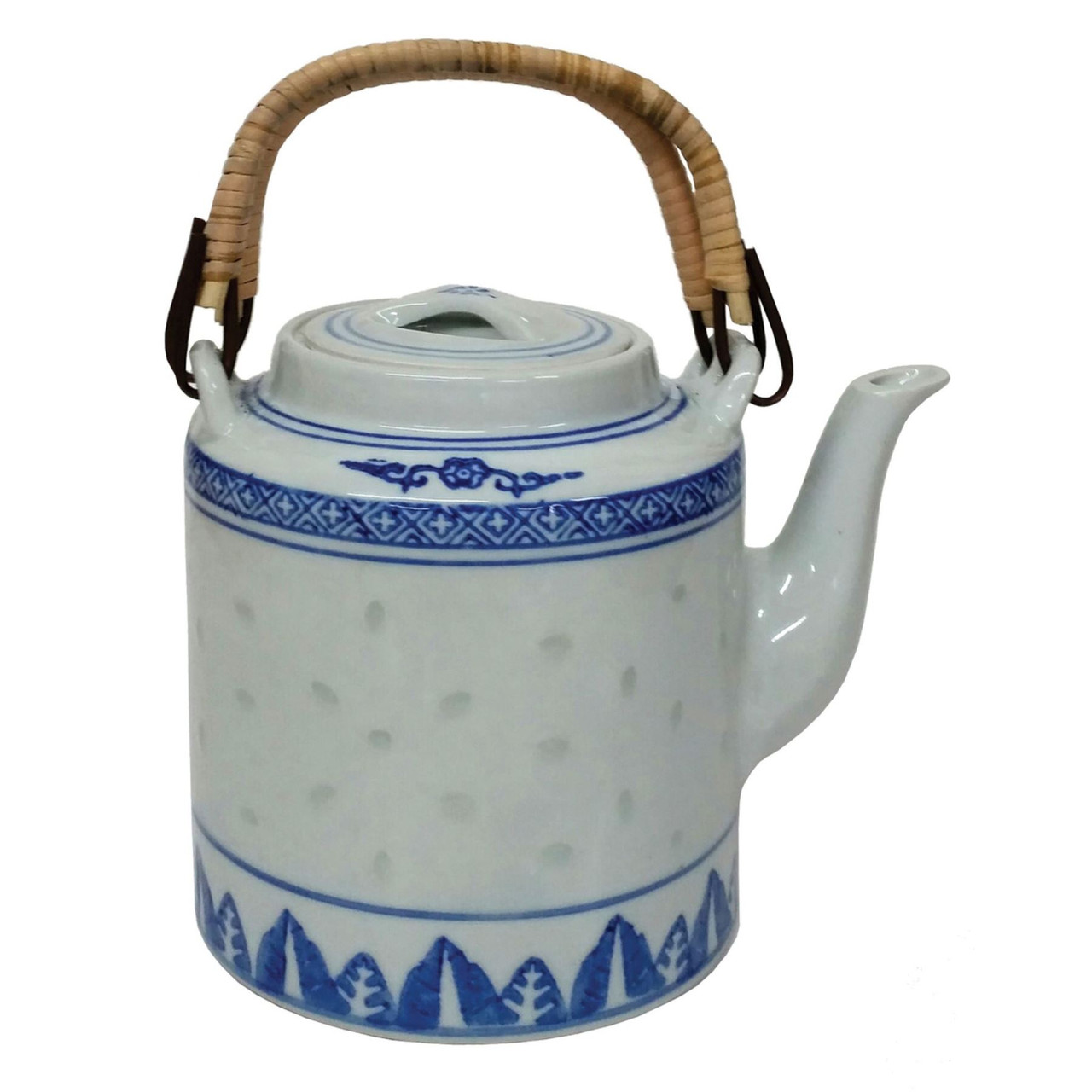 Chinese Teapot - Blue and White Rice Pattern - Cane Handles - 1250ml