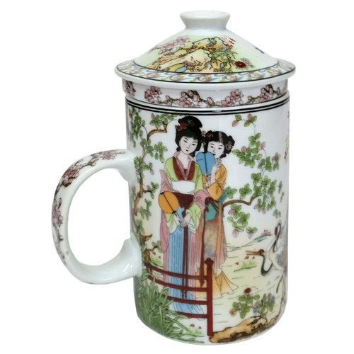 Porcelain Chinese Tea Mug with Infuser and Lid - Ladies + Cranes Pattern