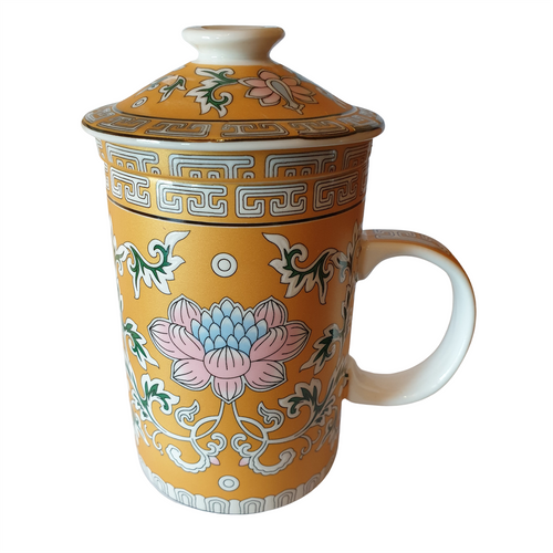 Porcelain Chinese Tea Mug with Infuser and Lid - Lotus Flower Pattern