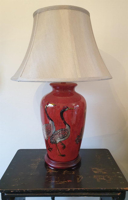 Pair of Chinese Table Lamps with Shades - Red + Golden Cranes Pattern