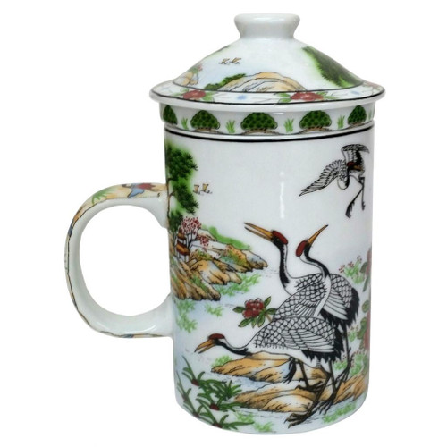 Porcelain Chinese Tea Mug with Infuser and Lid - Dancing Cranes Pattern