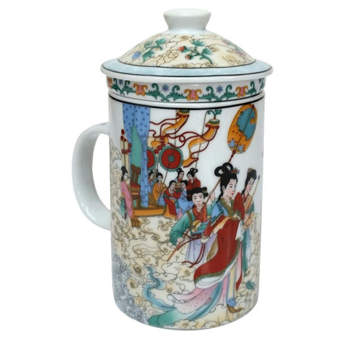 Porcelain Chinese Tea Mug with Infuser and Lid - Tian Xian Pei Pattern