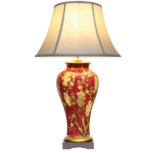 Pair of Chinese Jar Table Lamps with Pale Shades - Red Jasmine Blossom