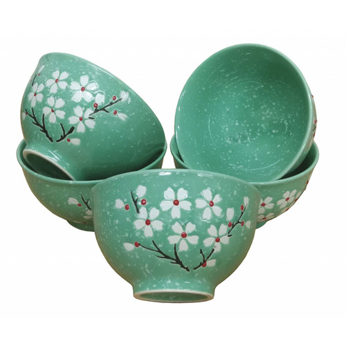 Chinese Rice Bowls - Turquoise Blossom Textured Pattern - Set of 5 - Boxed