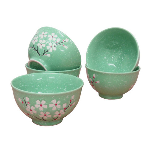 Chinese Rice Bowls - Turquoise Blossom Textured Pattern - Set of 5 - Boxed