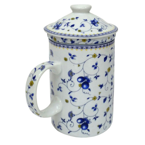 Porcelain Chinese Tea Mug with Infuser and Lid - Fruit Vine Pattern