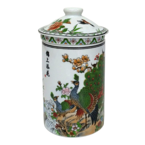 Porcelain Chinese Tea Mug with Infuser and Lid - Peacocks Pattern