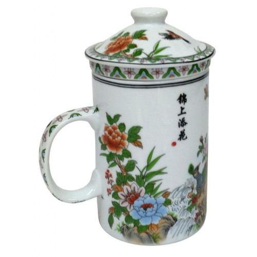 Porcelain Chinese Tea Mug with Infuser and Lid - Peacocks Pattern