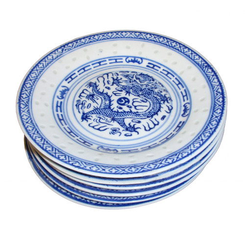 Chinese Blue and White Side Plates - Rice Pattern - Set of 6 - 15cm