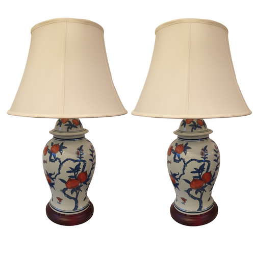 Pair of Chinese Ceramic Jar Lamps with Shades - Tao Zhi - 68cm