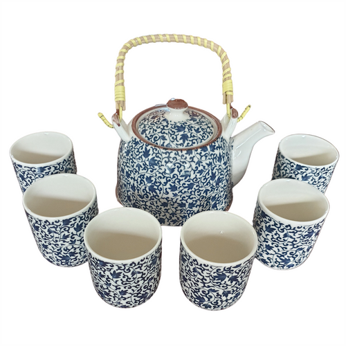 Chinese Herbal Tea Set - Blue Vine Pattern - 6 Cups and Infuser - Boxed