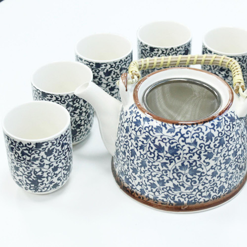 Chinese Herbal Tea Set - Blue Vine Pattern - 6 Cups and Infuser - Boxed