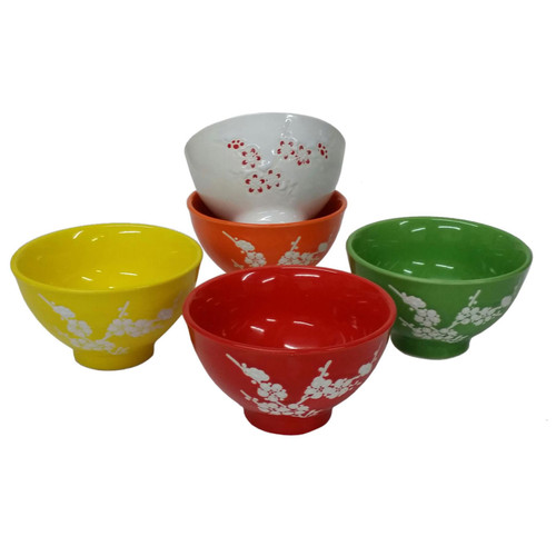 Chinese Rice Bowls - Multicolour - White Blossom Textured Pattern - Set of 5
