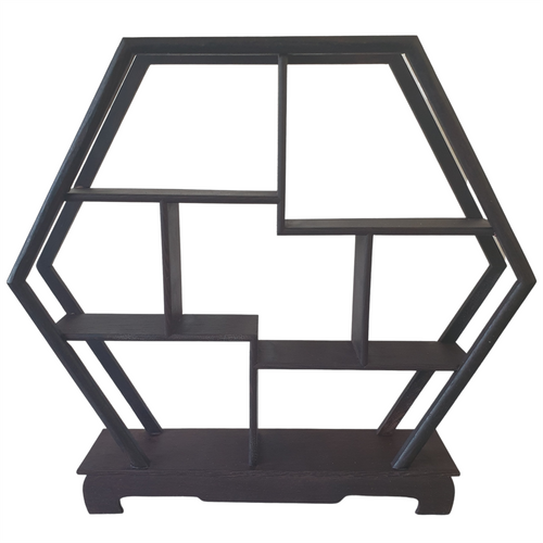 Wooden Curio or Netsuke Display Stand - Dark Grained Wood - Hexagon Shape - 31cm