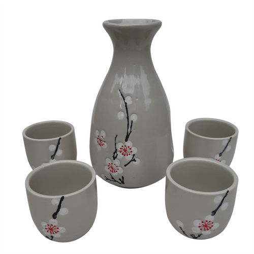 Sake Set with Grey Blossom Sprig Pattern - Ceramic Flask and Cups - Boxed