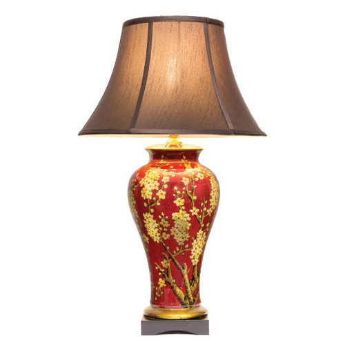 Pair of Chinese Jar Table Lamps with Dark Shades - Red Jasmine Blossom
