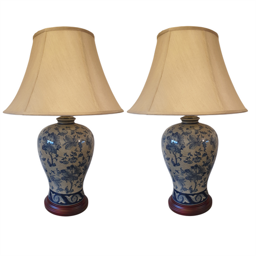 Pair of Chinese Vase Table Lamps with Shade - Blue Hibiscus Pattern - 66cm