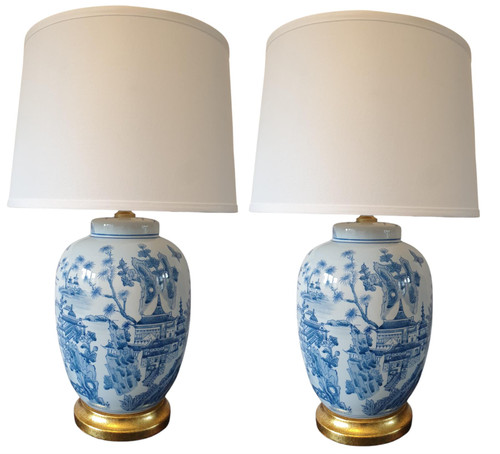 Pair of Chinese Table Lamps With Shades -  Willow Landscape Pattern - 61cm (DS)