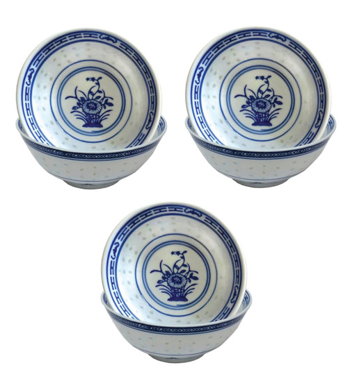 Chinese Blue and White Bowls - Rice Pattern - Blue Flower - Set of 6 - 11.5cm